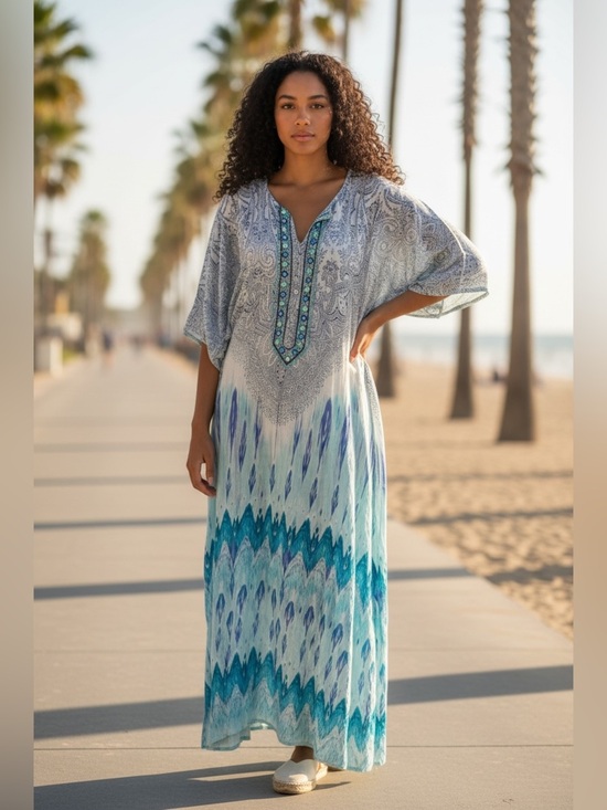 Debbie Katz Other - Stunning Debbie Katz Resort Cotton Coverup /Embellished Kaftan Dress /Blue Ikat